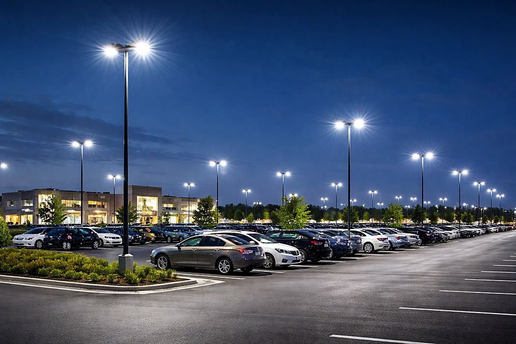 Parking lot lit by LED pole lights at dusk